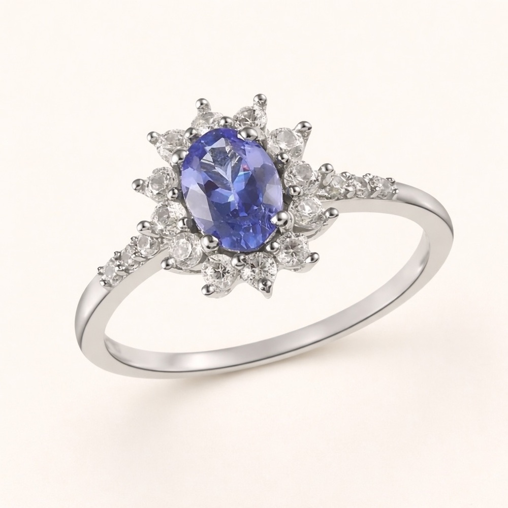 Tanzanite & White Zircon Sunburst Ring Platinum Over Sterling Silver 1.00 CTW